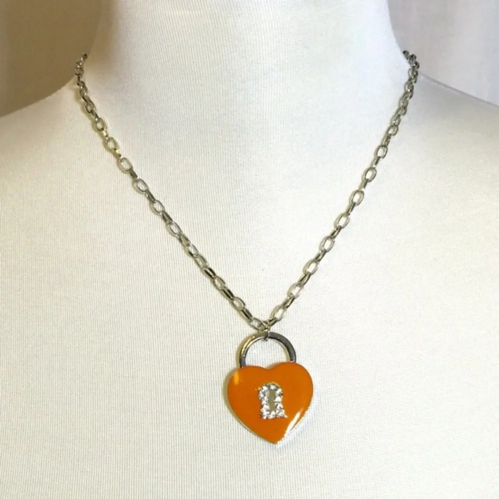 Girls Orange Heart Lock Rhinestone Keyhole Pendant Necklace